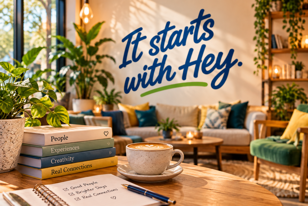 Cozy lounge with a painting that reads "It starts with Hey."